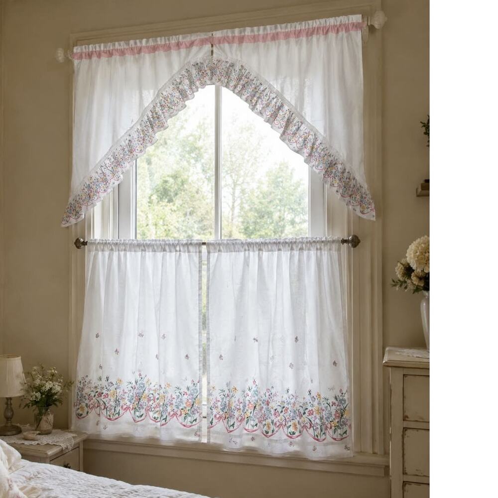 Vintage 4-Pc Cottagecore Cafe Curtains Valance Floral Butterflies USA